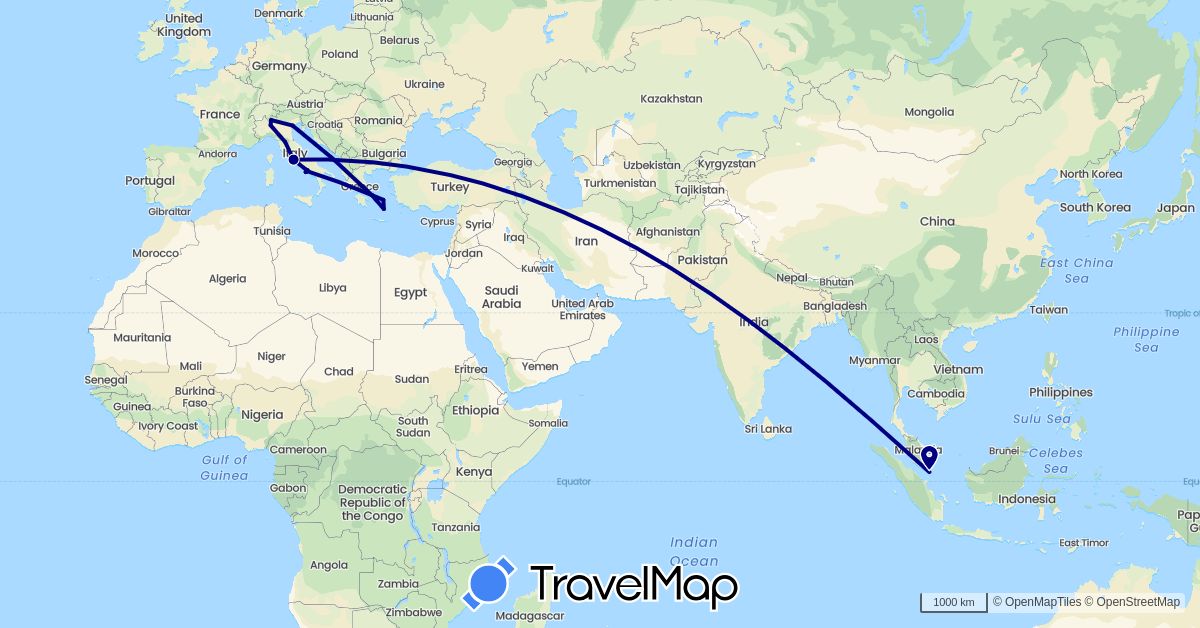 TravelMap itinerary: driving in Greece, Italy, Singapore (Asia, Europe)